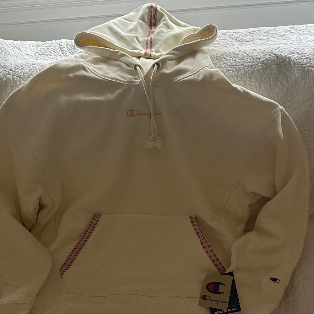 Champion Off-White Hoodie with orange/pink accents